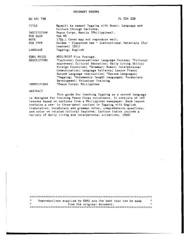 Peace Corps, Manila (Philippines). Ngumiti ka naman! Tagalog with Humor. Language and Culture through Cartoons