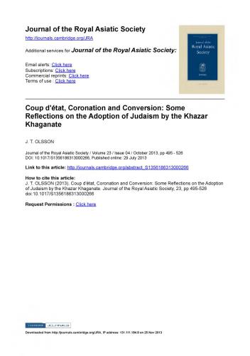 Coup d'etat, Coronation and Conversion. Some Reflections on the Adoption of Judaism by the Khazar Khaganate