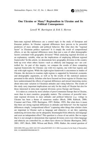 Herron. One Ukraine or Many? Regionalism in Ukraine and Its Political Consequences