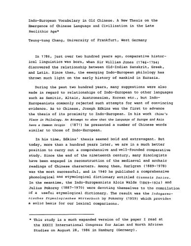 Indo-European Vocabulary in Old Chinese. A New Thesis on the Emergence of Chinese Language and Civilization in the Late Neolithic Age
