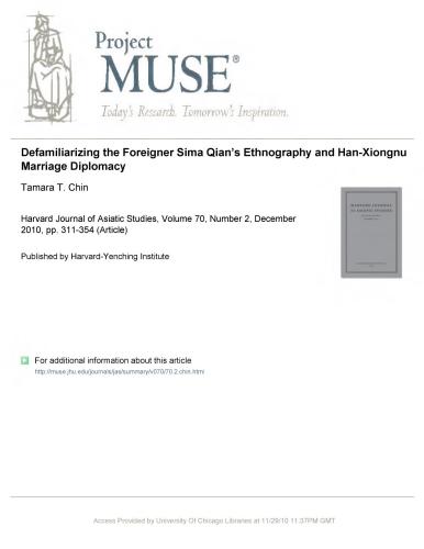 Defamiliarizing the Foreigner. Sima Qian’s Ethnography and Han-Xiongnu Marriage Diplomacy