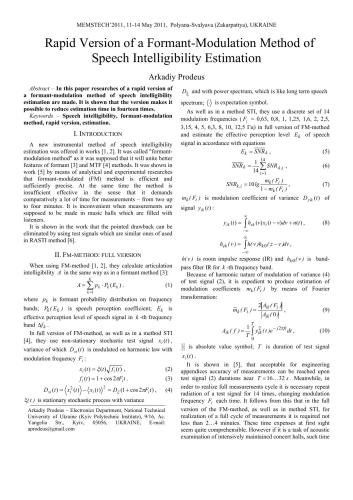 Rapid Version of a Formant-Modulation Method of Speech Intelligibility Estimation