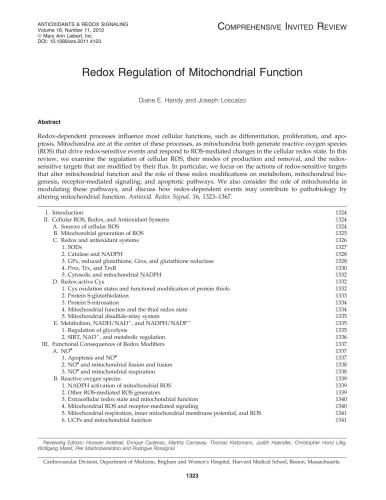 Redox Regulation of Mitochondrial Function