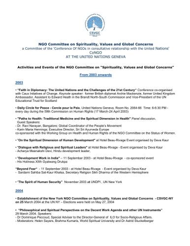 Activities and Events of the NGO Committee on Spirituality, Values and Global Concerns