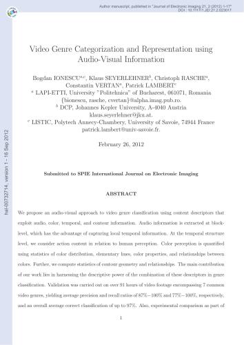 Video genre categorization and representation using audio-visual information