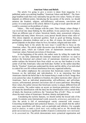 Analysis of the article American values and beliefs by Mishchenko Helen