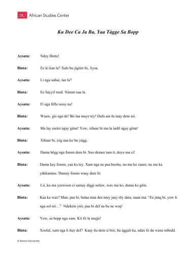 African Proverbs Project. Wolof Proverbs. Lesson 01. Ku dee ca ja ba, yaa tàgge sa bopp