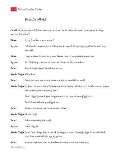 African Proverbs Project. Wolof Proverbs. Lesson 03. Buur du mbokk