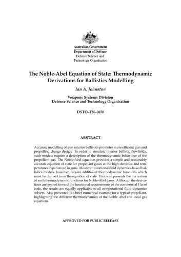 Johnston. The Noble-Abel Equation of State: thermodynamic derivations for ballistics modeling