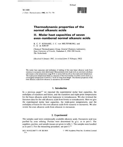 Thermodynamic properties of the normal alkanoic acids Ii. Molar heat capacities of seven even-numbered normal alkanoic acids