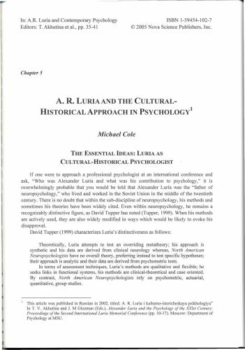 Luria and the Cultural-Historical Approach in Psychology