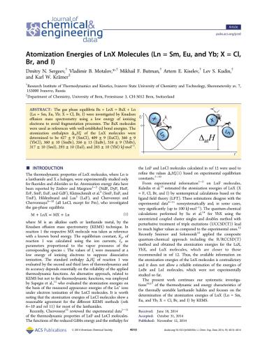 Atomization Energies of LnX Molecules (Ln = Sm, Eu, Yb; X = Cl, Br, I)