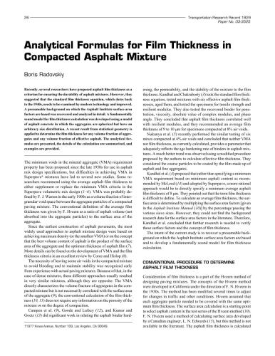 Analytical Formulas for Film Thickness in Compacted Asphalt Mixture