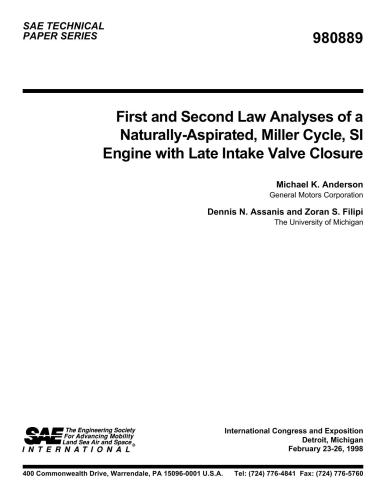 First and Second Law Analyses of a Naturally-Aspirated, Miller Cycle, SI Engine with Late Intake Valve Closure