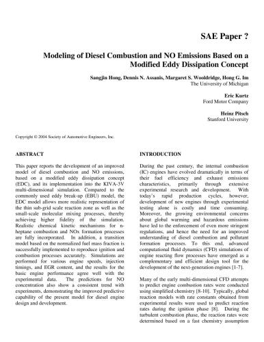 Modeling of Diesel Combustion and NO Emissions Based on a Modified Eddy Dissipation Concept