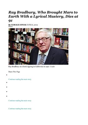 Ray Bradbury, Who Brought Mars to Earth With a Lyrical Mastery, Dies at 91