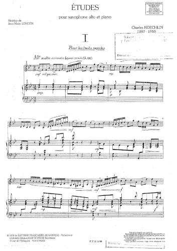 Koechlin Charles. 15 Etudes pour saxophone alto et piano. Op. 188