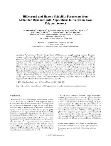 Hildebrand and Hansen Solubility Parameters from Molecular Dynamics with Applications to Electronic Nose Polymer Sensors