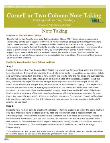Cornell or Two Column Note Taking. Reading and Learning Strategy. During and After Reading
