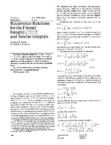 Recurrence for Fresnel integral