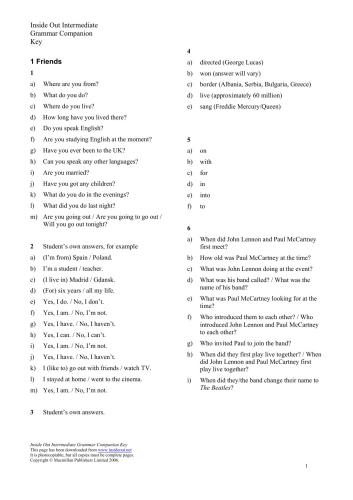 Inside Out Intermediate Grammar Companion Answer Key