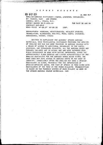 English-Quechua Dictionary: Cuzco, Ayacucho, Cochabamba