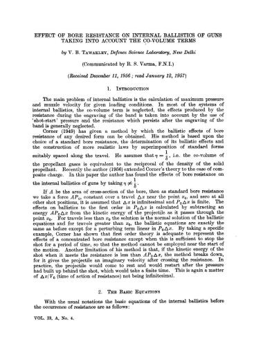 Effect of bore resistance on internal ballistics of guns taking into account the co-volume terms