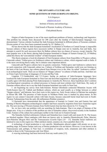 The Sintashta Culture and Some Questions of Indo-Europeans Origins