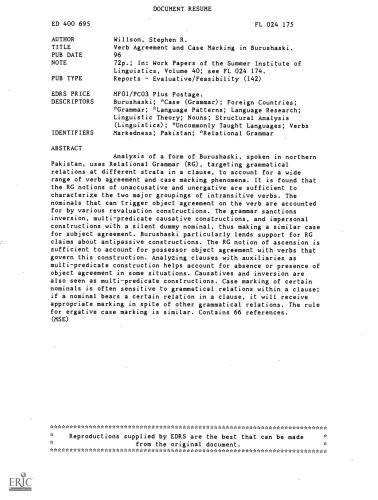 Verb Agreement and Case Marking in Burushaski