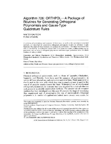 Algorithm 726, orthogonal polynomials and Gauss-type quadratures