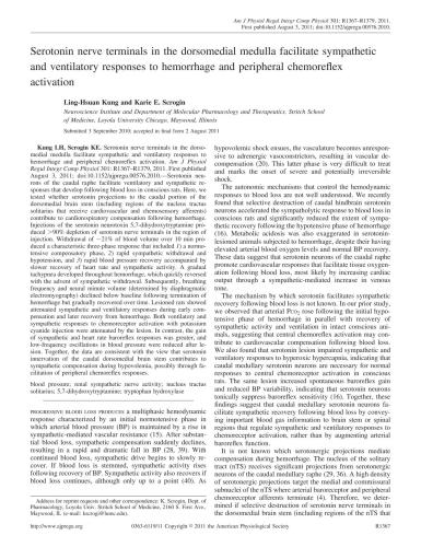 Serotonin nerve terminals in the dorsomedial medulla facilitate sympathetic and ventilatory responses to hemorrhage and peripheral chemoreflex activation