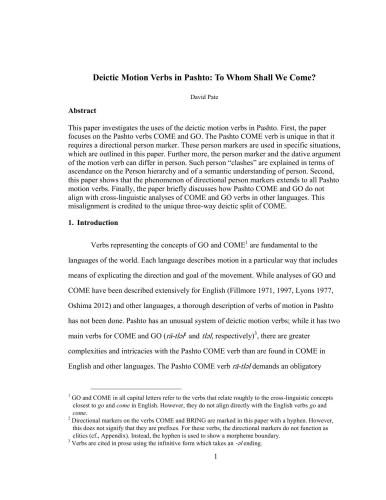 Motion Verbs in Pashto: To Whom Shall We Come?