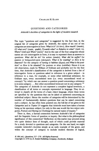 Questions and Categories: Aristotle’s Doctrine of Categories in the Light of Modern Research