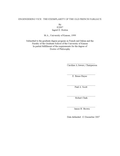 Engendering Vice: The Exemplarity of the Old French Fabliaux