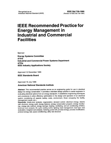 IEEE Std 739-1995 Bronze Book IEEE Recommended Practice for Energy Management in Industrial and Commercial Facilities
