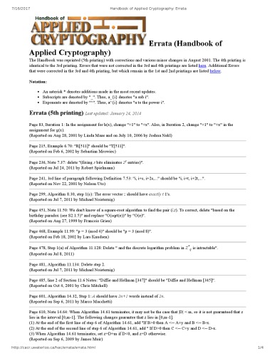 Errata for Handbook of applied cryptography