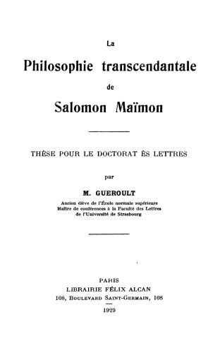 La Philosophie transcendantale de Salomon Maïmon