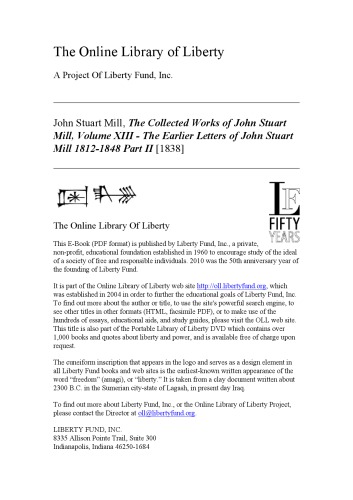 The Earlier Letters of John Stuart Mill 1812-1848: Volumes XII-XIII Part II [1838]