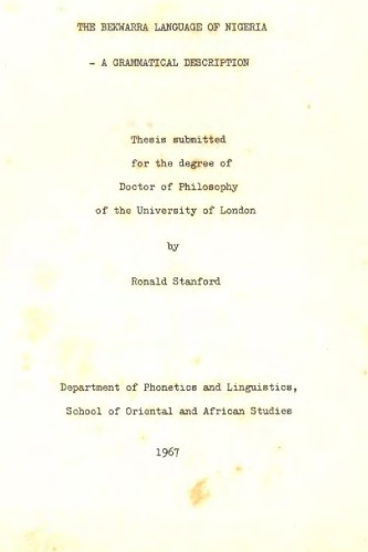 The Bekwarra Language of Nigeria — a Grammatical Description