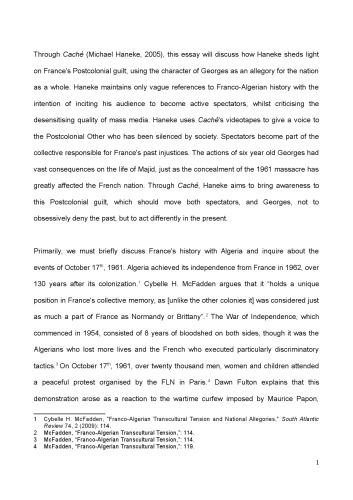 European Cinema essay: Postcolonial guilt in Caché revised