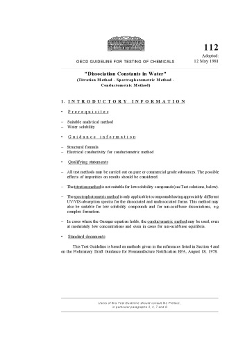 Test no. 112 : dissociation constants in water