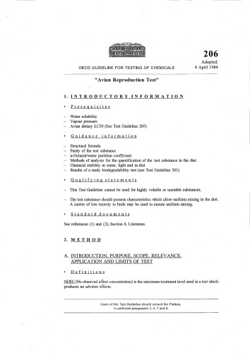 Test No. 206: Avian Reproduction Test
