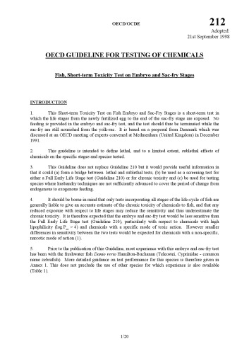 Test No. 212: Fish, Short-term Toxicity Test on Embryo and Sac-Fry Stages