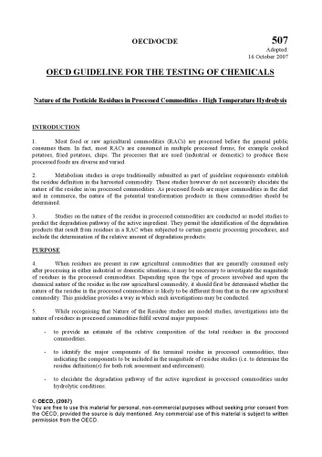 Test No. 507 : Nature of the Pesticide Residues in Processed Commodities - High Temperature Hydrolysis