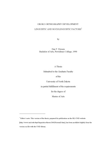 Oroko Orthography Development: Linguistic and Sociolinguistic Factors