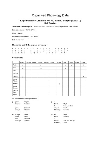 Organised Phonology Data: Kapau (Hamday, Hamtai, Watut, Kamia) Language [HMT], Gulf Province