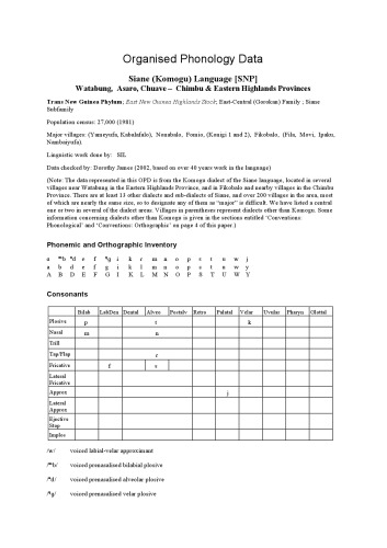Organised Phonology Data. Siane (Komogu) Language [SNP]. Watabung, Asaro, Chuave – Chimbu & Eastern Highlands Provinces
