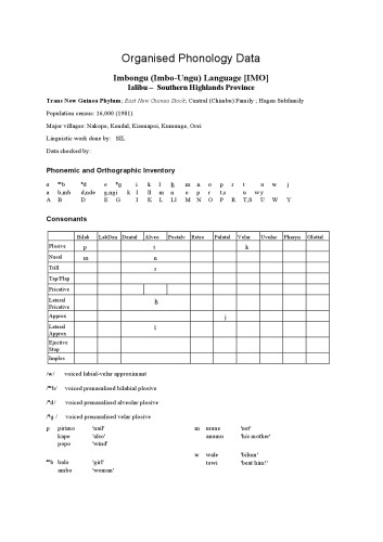 Organised Phonology Data. Imbongu (Imbo-Ungu) Language [IMO]. Ialibu – Southern Highlands Province
