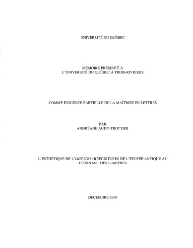 L’esthétique de l’imitatio: Réécritures de l’épopée antique au tournant des Lumières