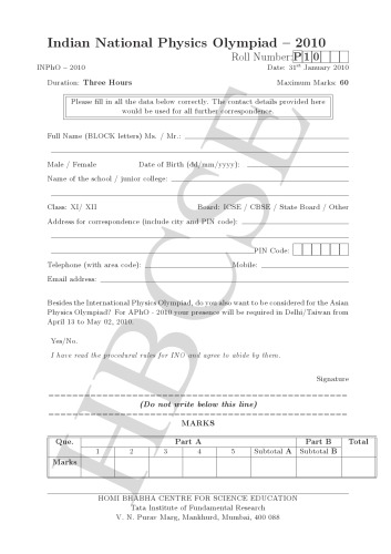 INPhO 2010 Question Paper from India Indian National Physics Olympiad